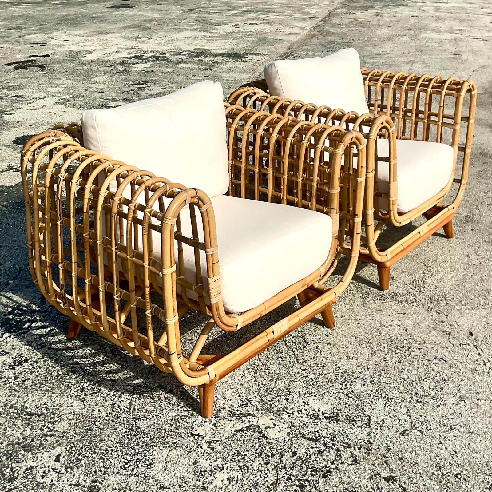 Vintage Coastal Ribbed Rattan Lounge Chairs, After Olko for Willow and Reed In Good Condition In West Palm Beach, FL