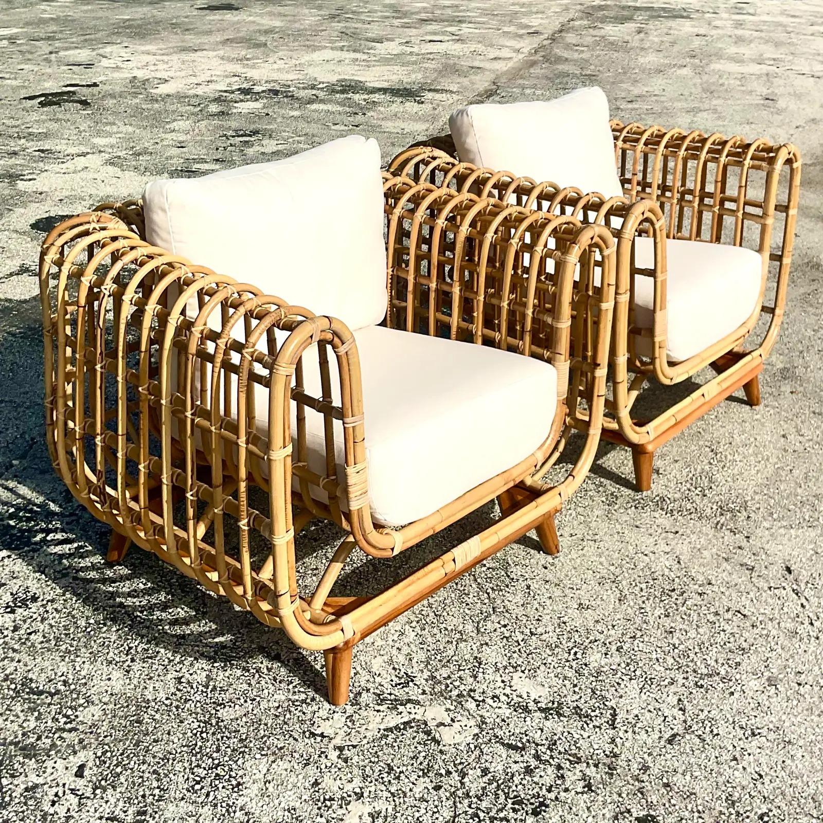 20th Century Vintage Coastal Ribbed Rattan Lounge Chairs, After Olko for Willow and Reed