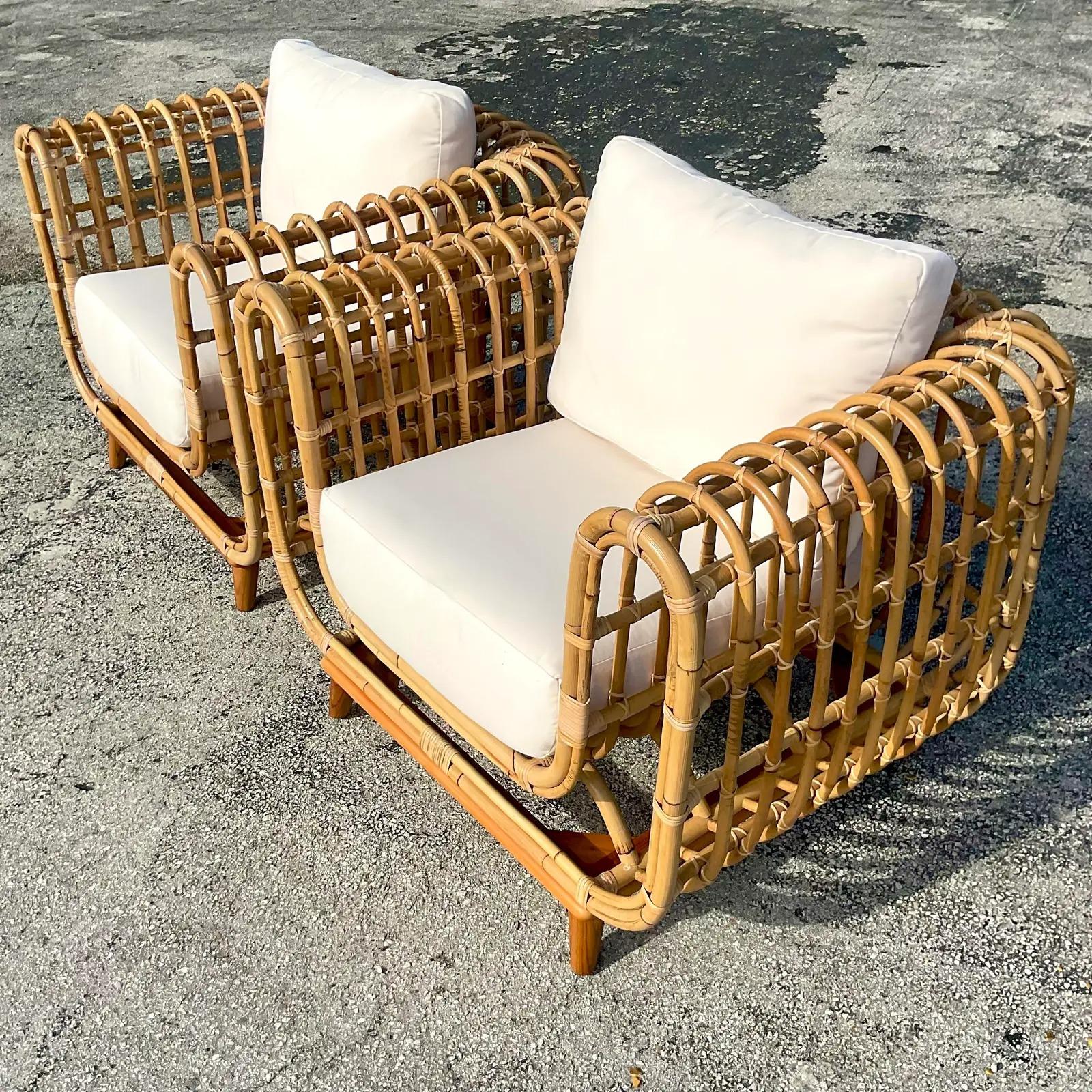 Vintage Coastal Ribbed Rattan Lounge Chairs, After Olko for Willow and Reed 1