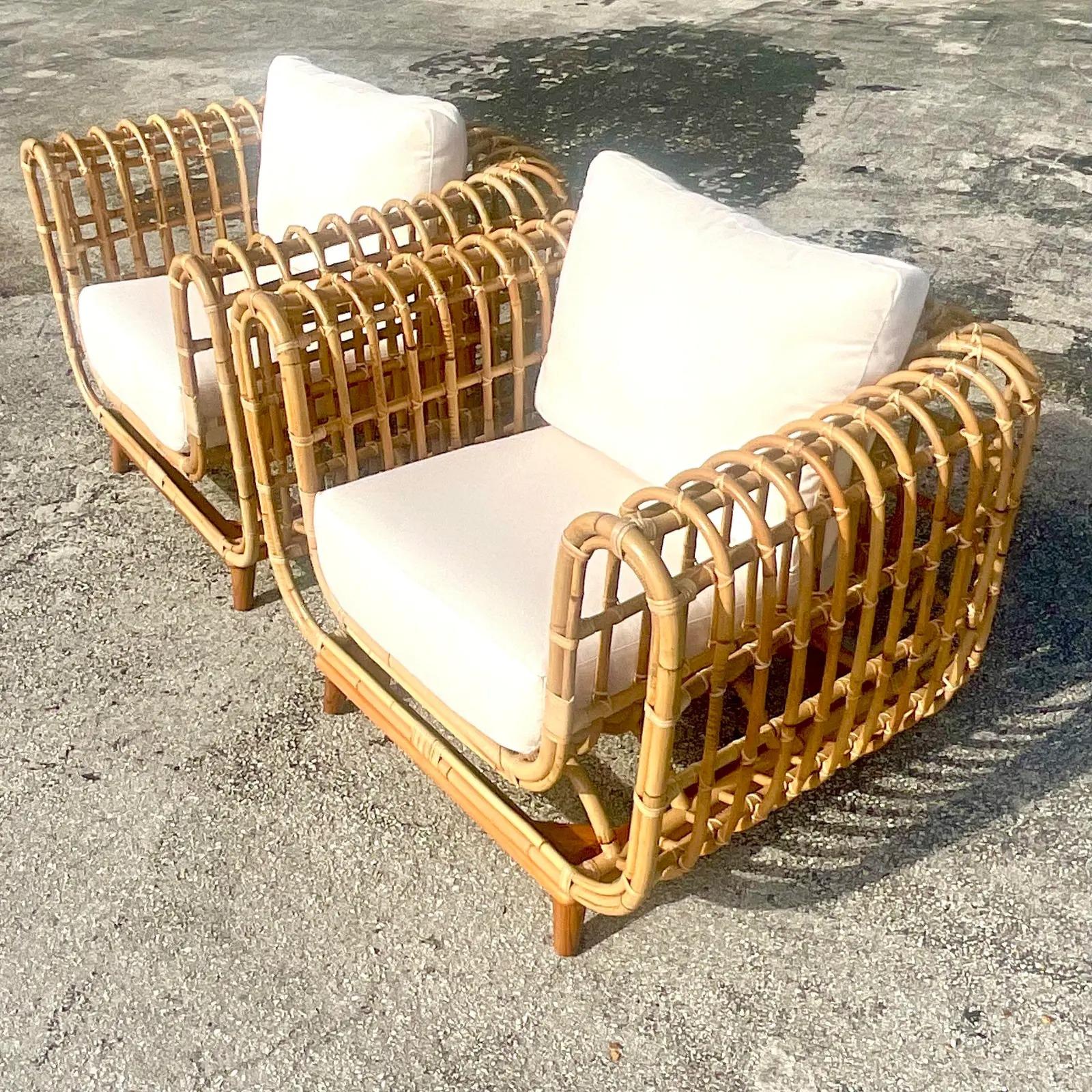Vintage Coastal Ribbed Rattan Lounge Chairs, After Olko for Willow and Reed 2