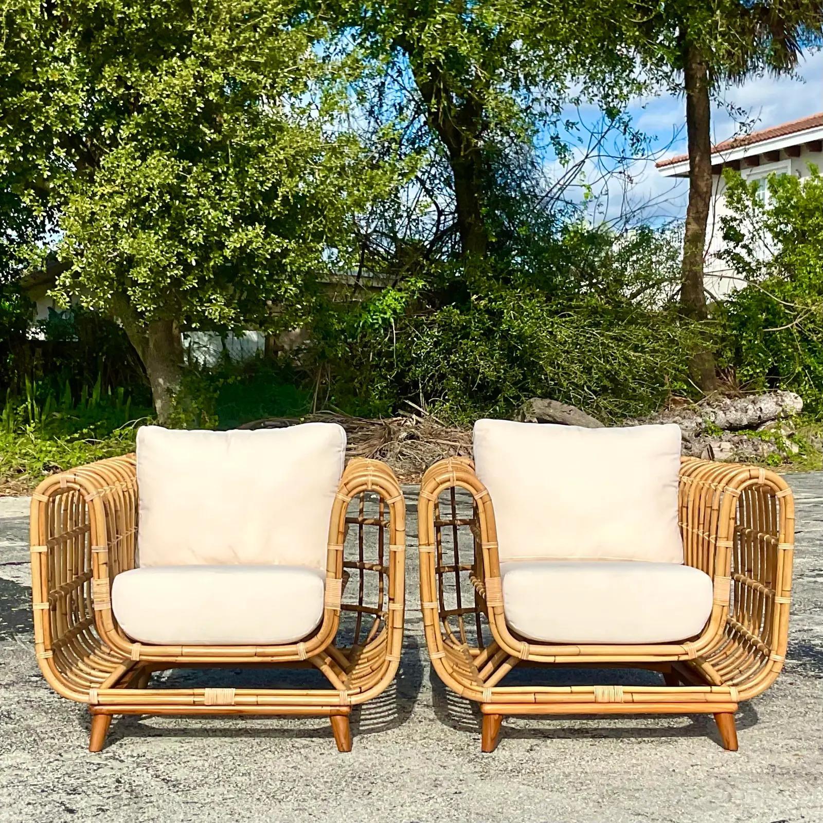 Vintage Coastal Ribbed Rattan Lounge Chairs, After Olko for Willow and Reed 3