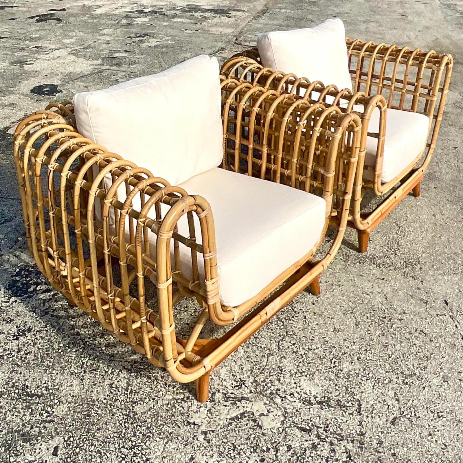 Vintage Coastal Ribbed Rattan Lounge Chairs, After Olko for Willow and Reed 4