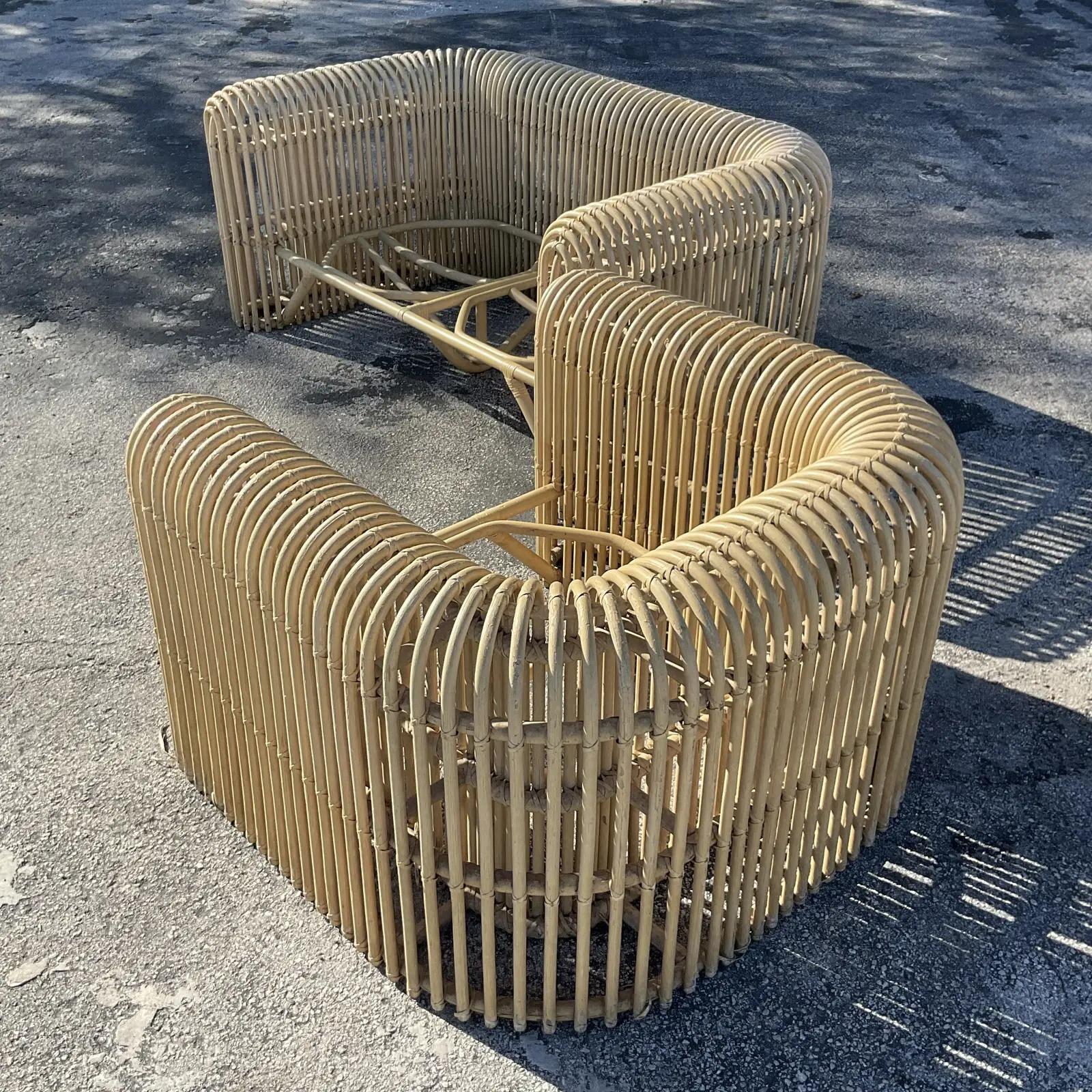Philippine Vintage Coastal Ribbed Rattan Loveseat and Chair Set After Henry Olko