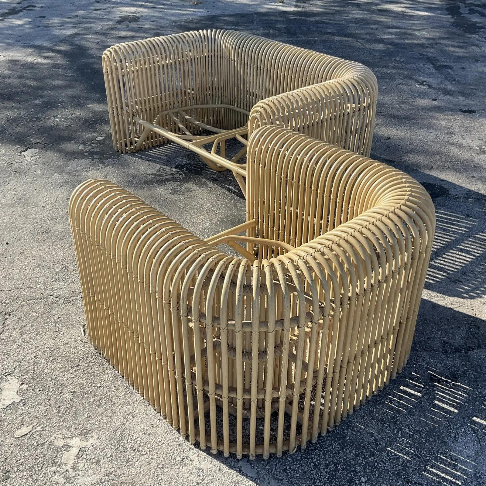 Vintage Coastal Ribbed Rattan Loveseat and Chair Set After Henry Olko In Good Condition In west palm beach, FL
