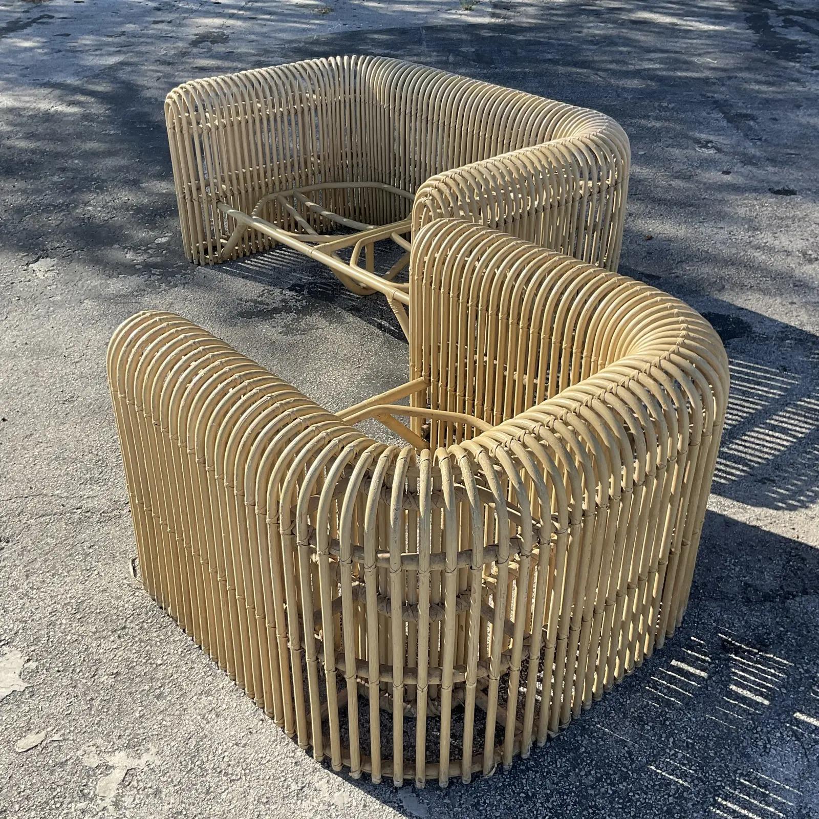 20th Century Vintage Coastal Ribbed Rattan Loveseat and Chair Set After Henry Olko