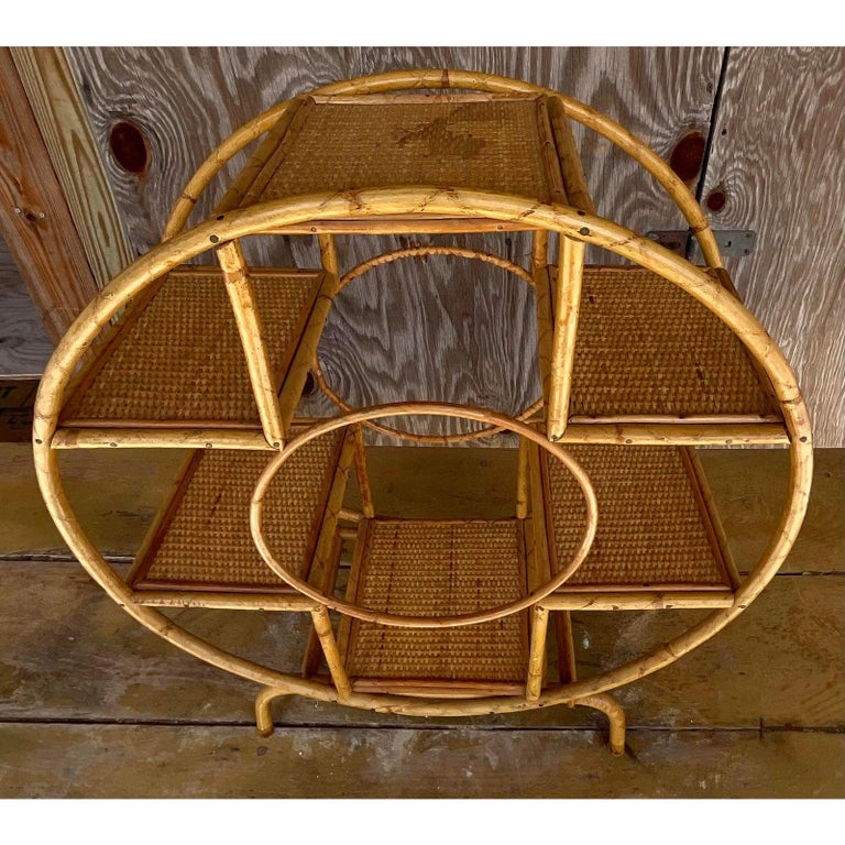 Vintage Coastal Round Bamboo Tabletop Etagere For Sale at 1stDibs