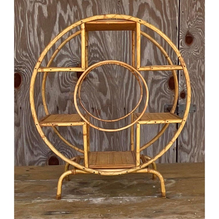 Vintage Coastal Round Bamboo Tabletop Etagere For Sale at 1stDibs