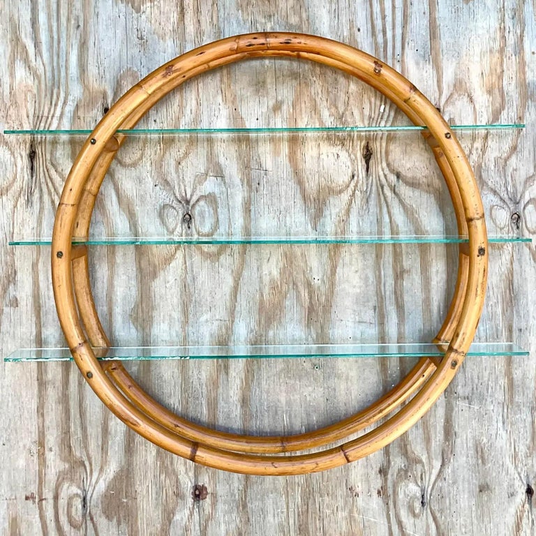 Vintage Coastal Round Bamboo Wall Shelf For Sale at 1stDibs