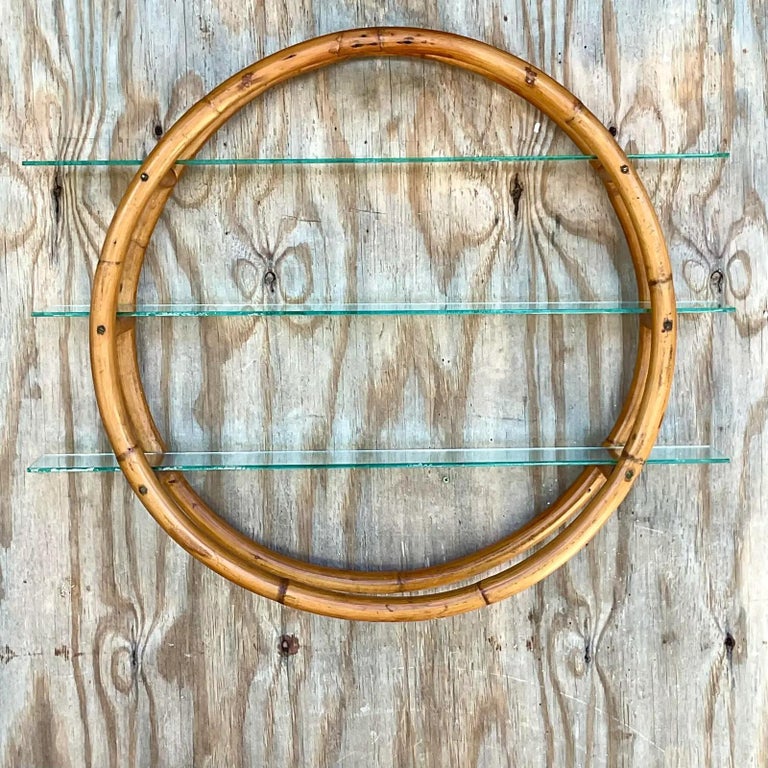 Vintage Coastal Round Bamboo Wall Shelf For Sale at 1stDibs