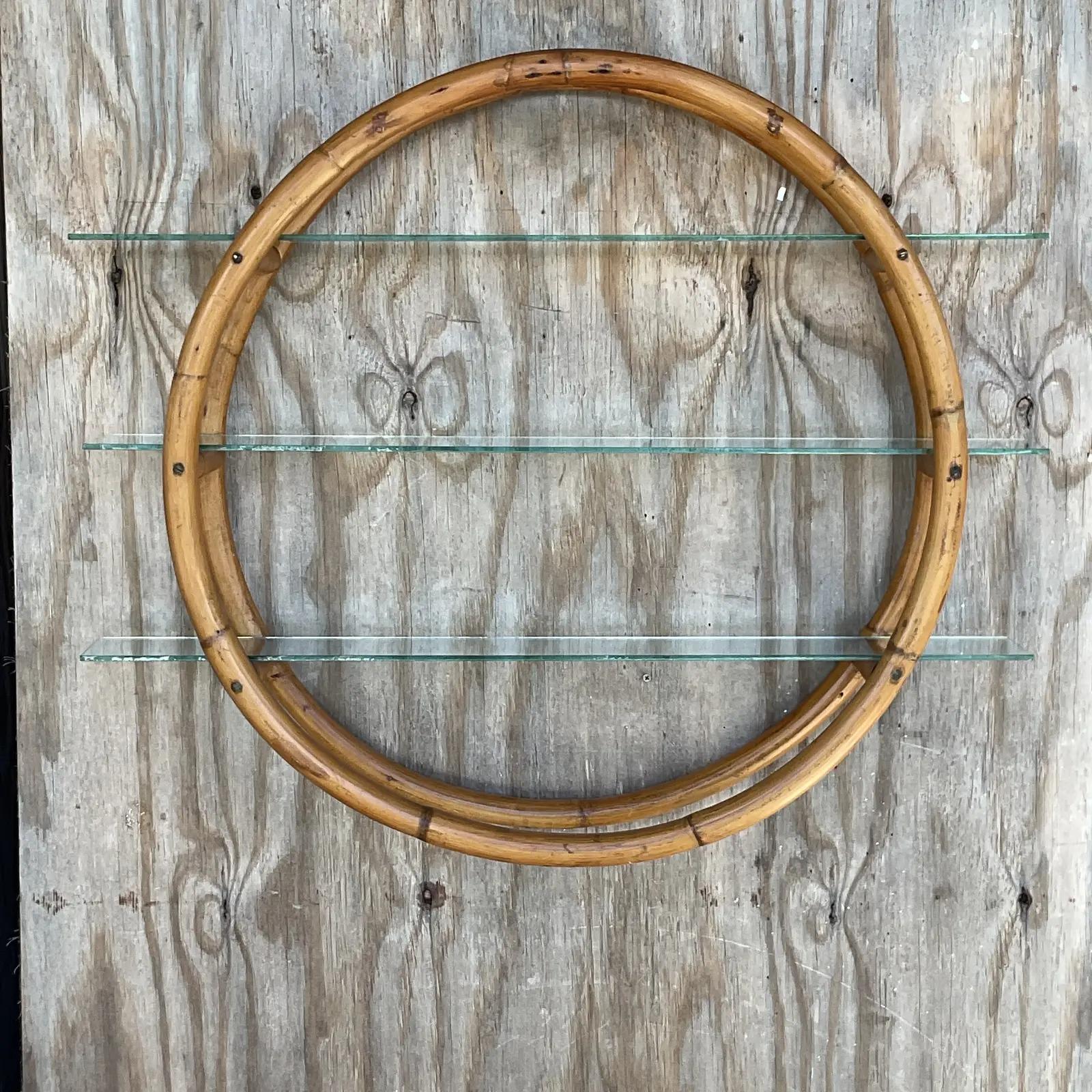 Vintage Coastal Round Bamboo Wall Shelf In Good Condition In West Palm Beach, FL