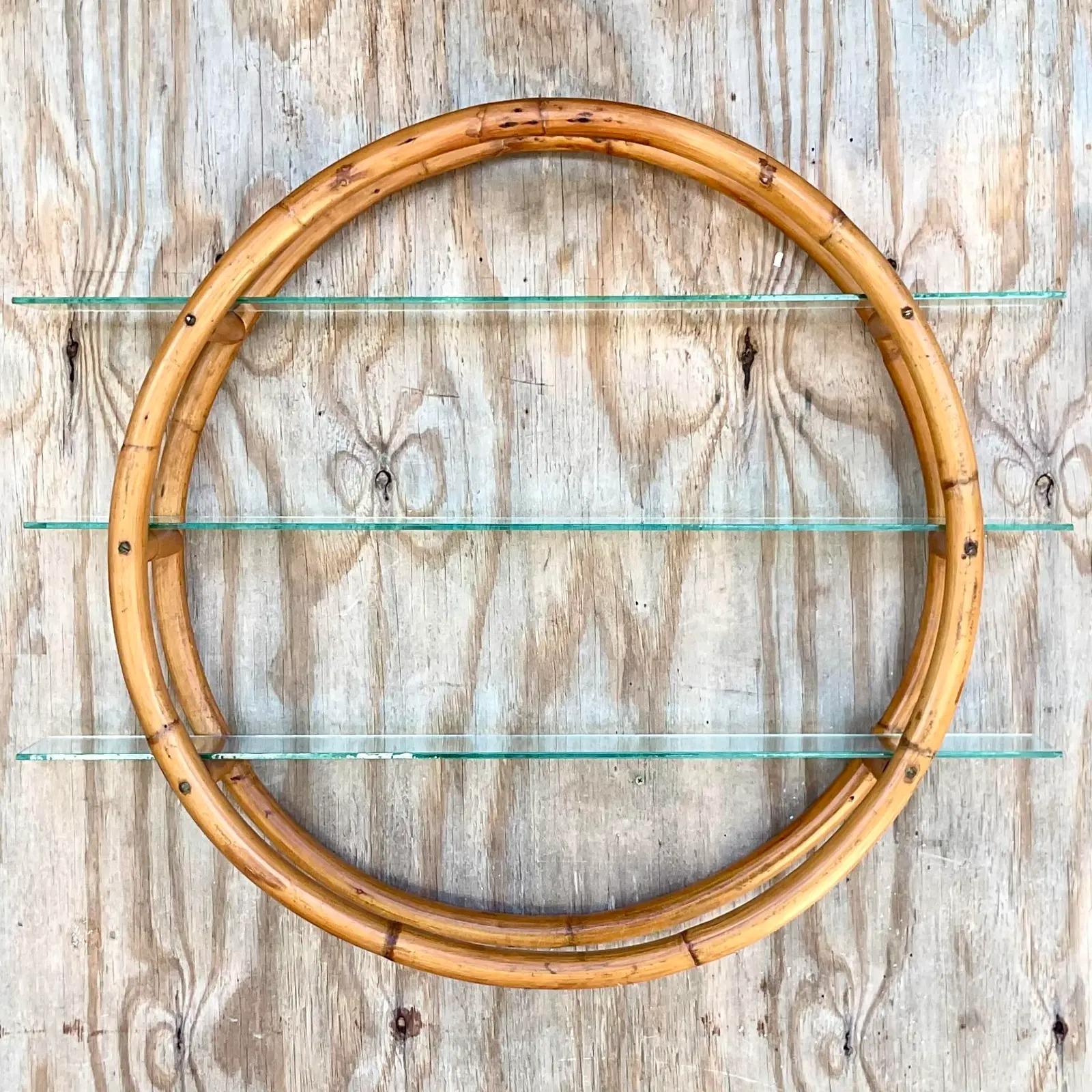 20th Century Vintage Coastal Round Bamboo Wall Shelf