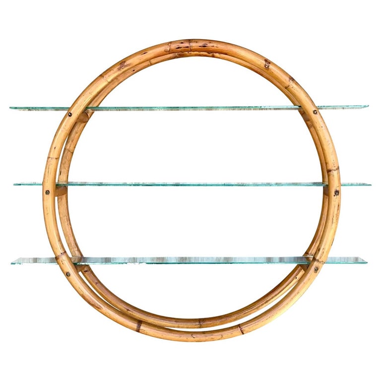 Vintage Coastal Round Bamboo Wall Shelf For Sale at 1stDibs