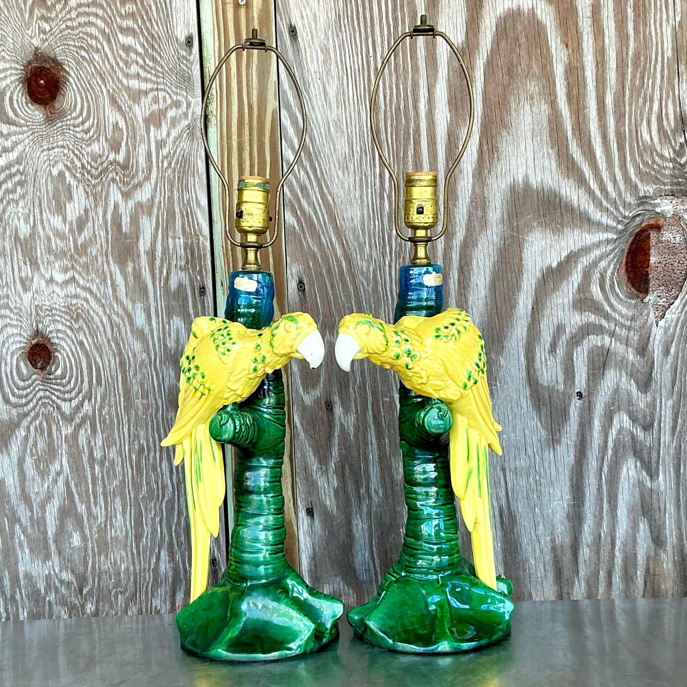Brighten up your space with these Vintage Coastal Royal Haeger Parrot Lamps. Featuring vibrant parrot designs and crafted by the renowned Royal Haeger, these lamps bring a playful touch of coastal charm to any room. Perfect for adding a pop of color