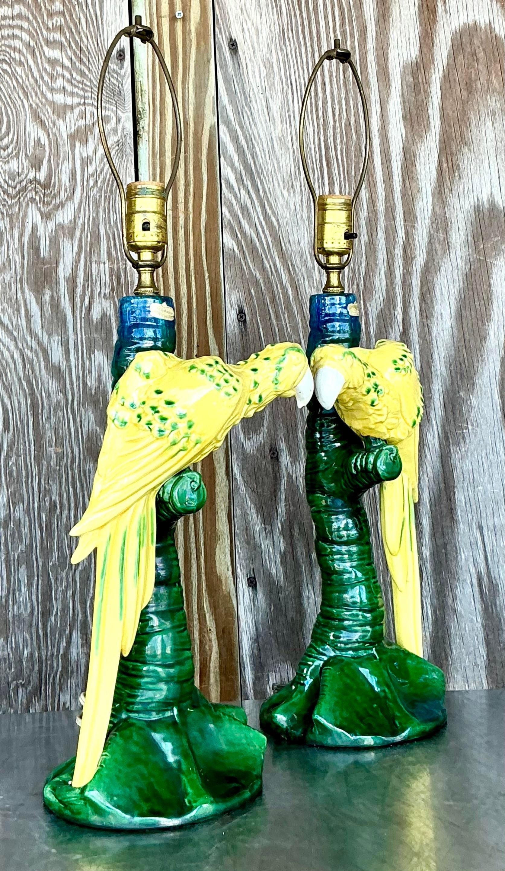 20th Century Vintage Coastal Royal Haeger Parrot Lamps - a Pair