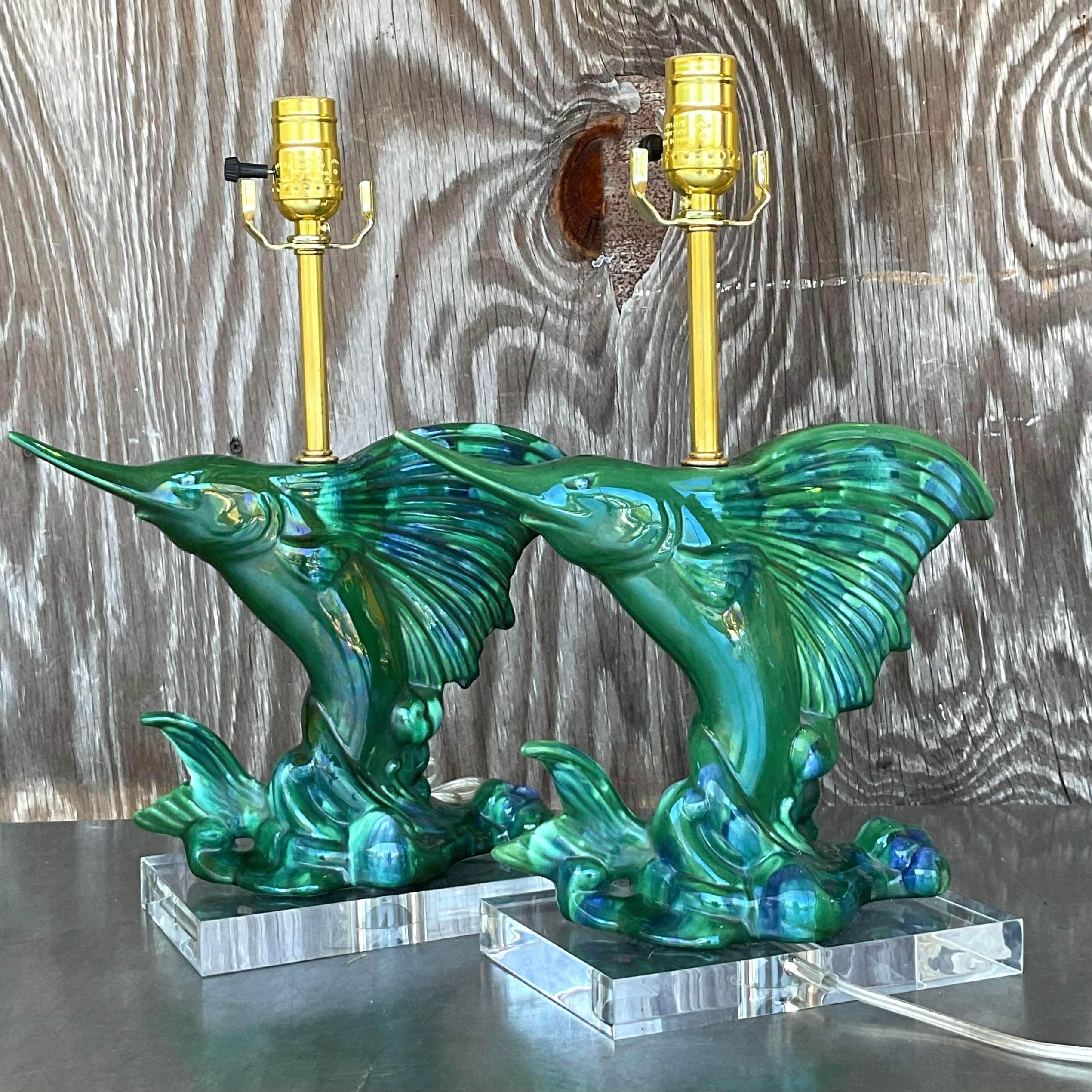 American Vintage Coastal Royal Haeger Sailfish Lamps - a Pair For Sale