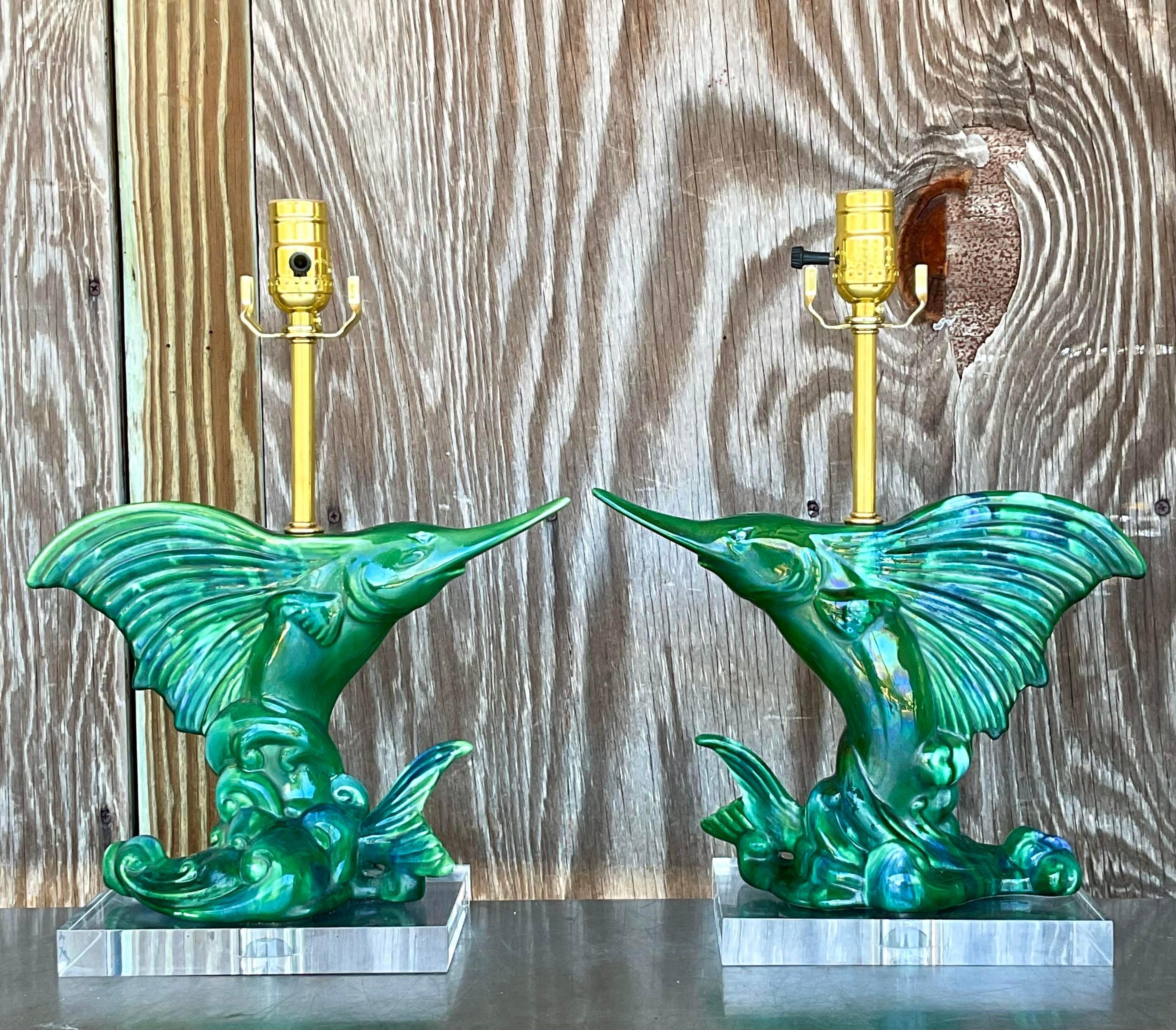 Vintage Coastal Royal Haeger Sailfish Lamps - a Pair In Good Condition For Sale In west palm beach, FL