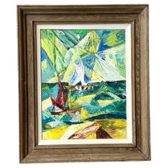Vintage Coastal Sailboat Abstract Expressionist Oil Painting on Canvas