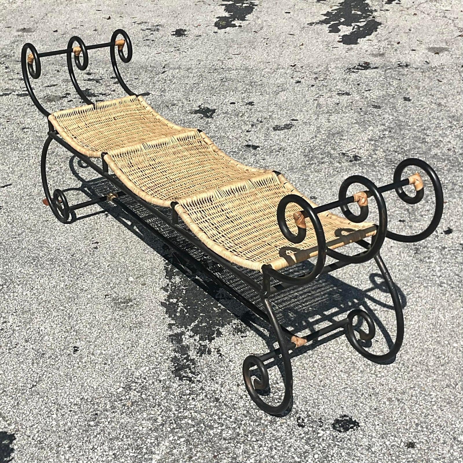 Metal Vintage Coastal Scalloped Rattan Bench For Sale