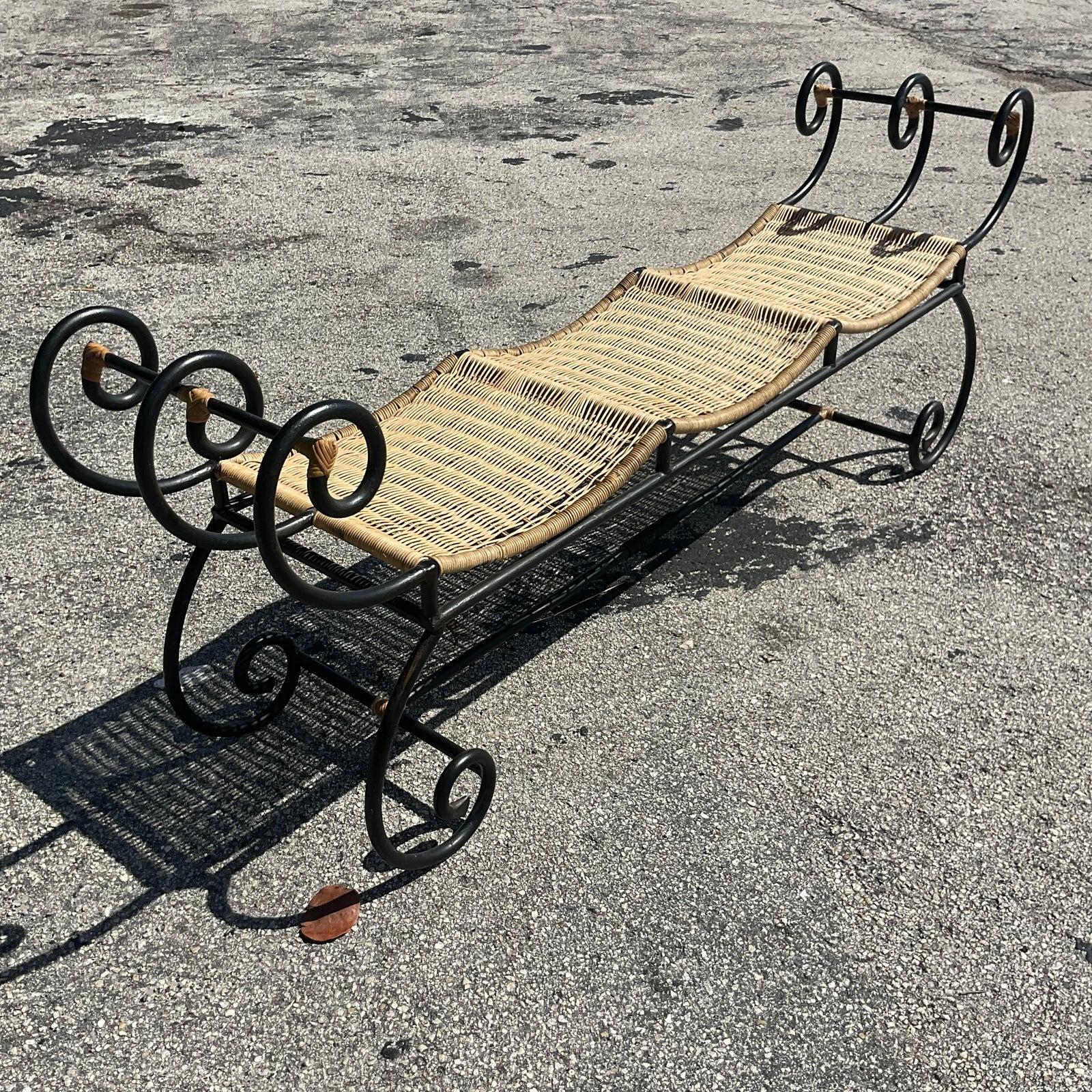 Vintage Coastal Scalloped Rattan Bench For Sale 2
