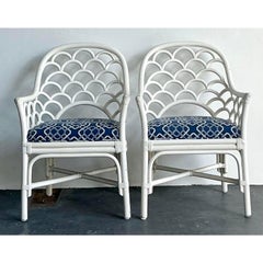 Vintage Coastal Scalloped Rattan Lounge Chairs - A Pair