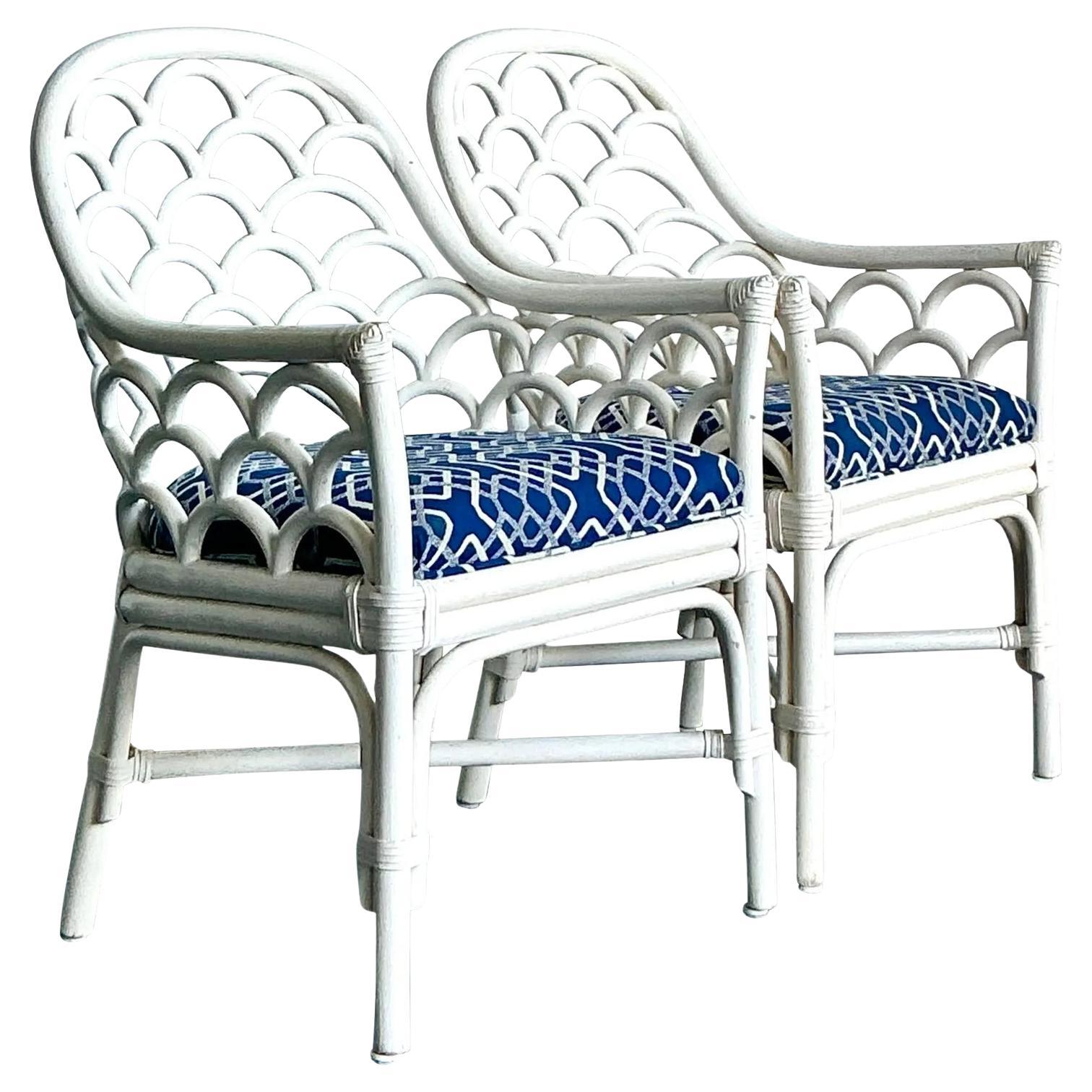 Vintage Coastal Scalloped Rattan Lounge Chairs - A Pair For Sale