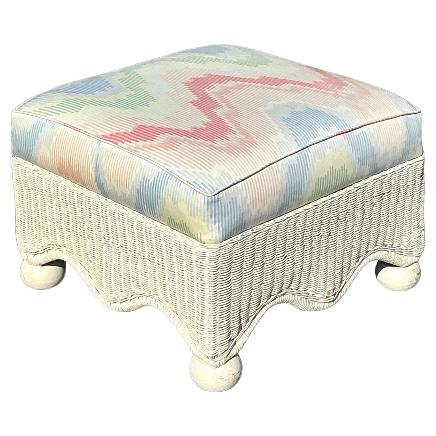 Vintage Coastal Scalloped Rattan Ottoman After Ficks Reed