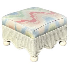 Vintage Coastal Scalloped Rattan Ottoman After Ficks Reed