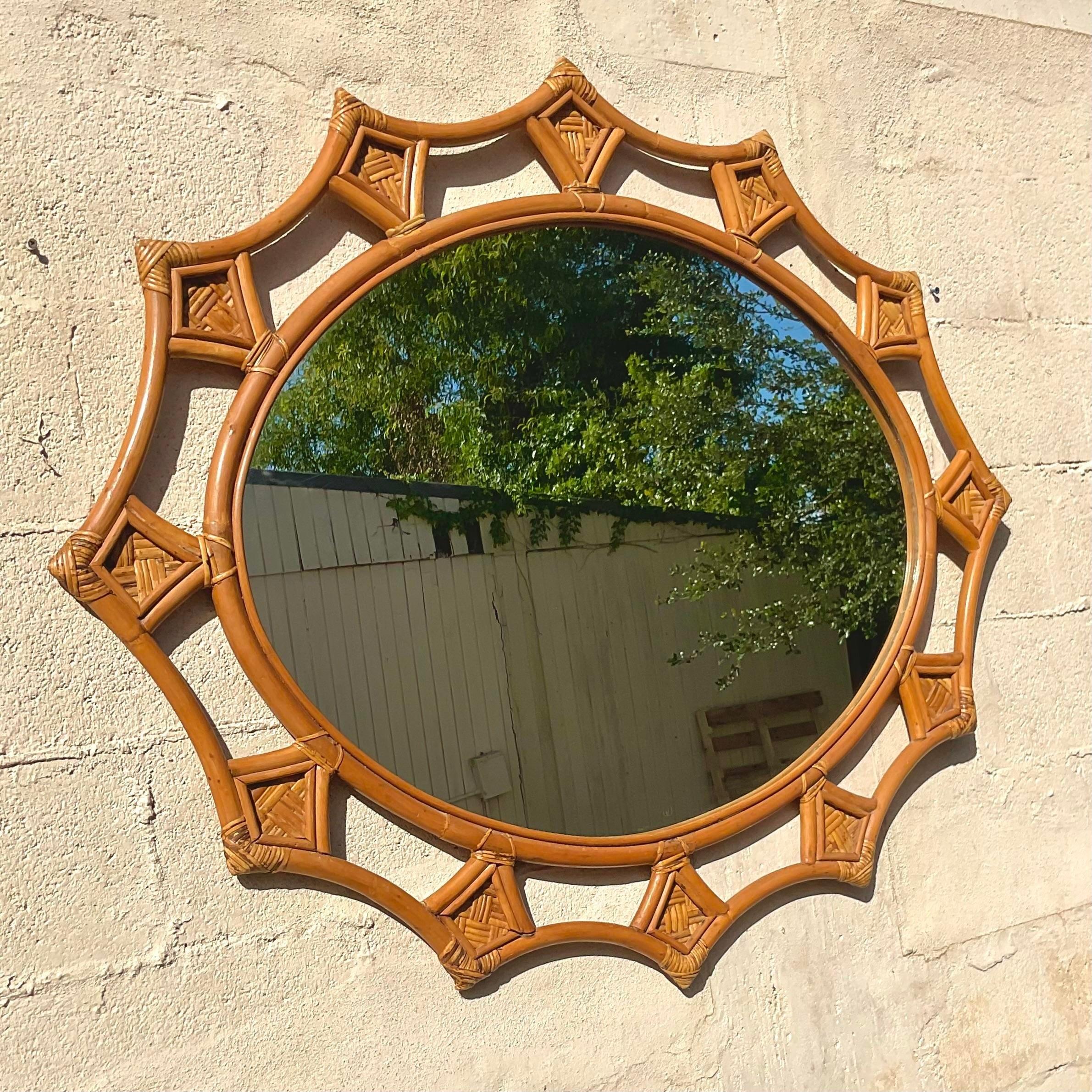 Vintage Coastal Scalloped Rattan Wall Mirror In Good Condition For Sale In west palm beach, FL