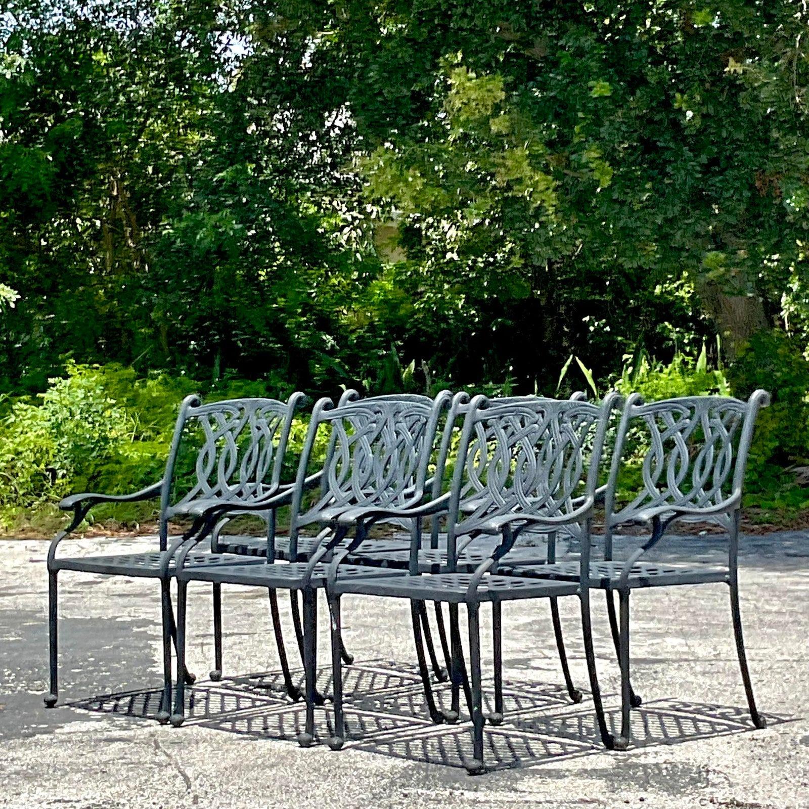 North American Vintage Coastal Scroll Cast Aluminum Dining Chairs - Set of 6 For Sale