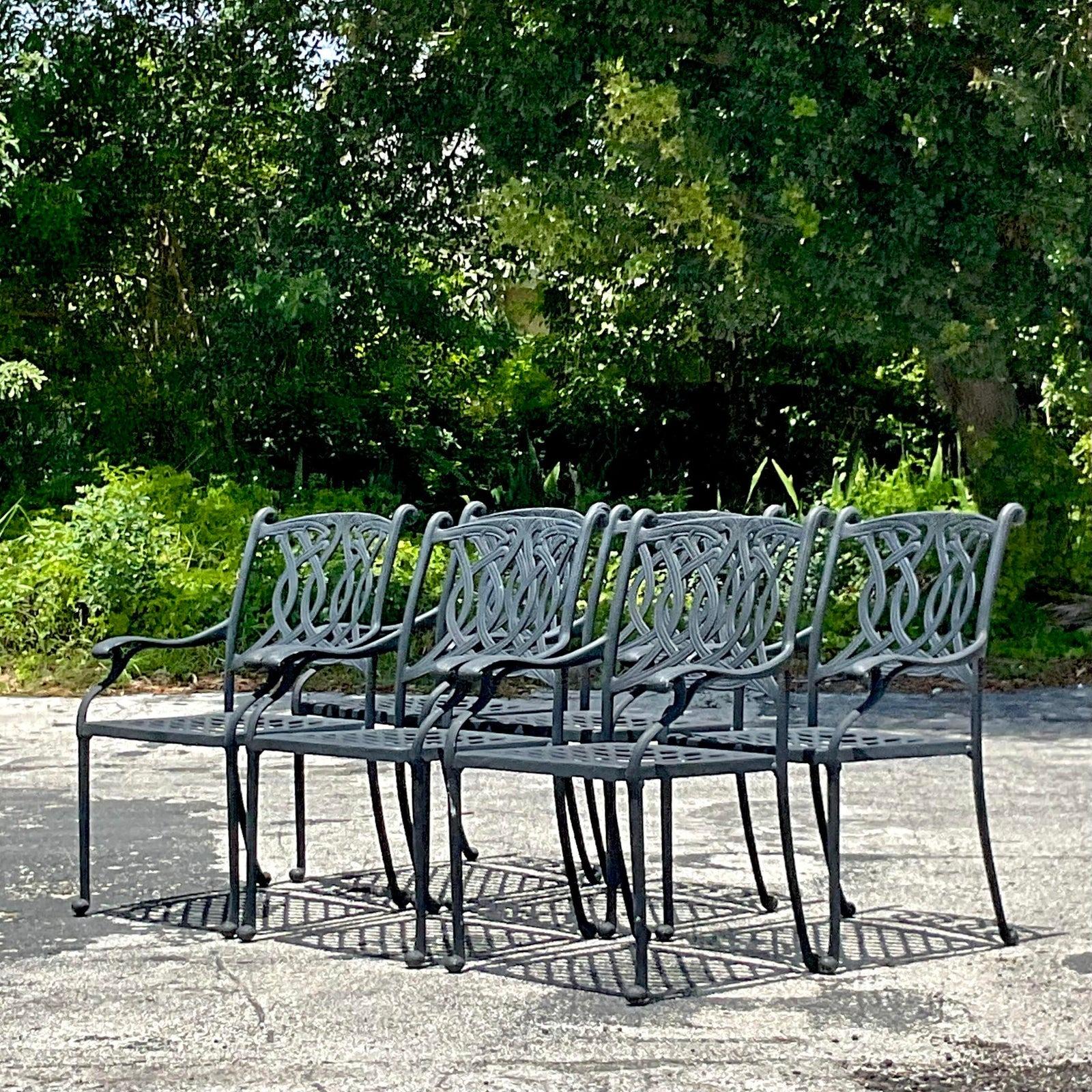 Vintage Coastal Scroll Cast Aluminum Dining Chairs - Set of 6 In Good Condition For Sale In west palm beach, FL