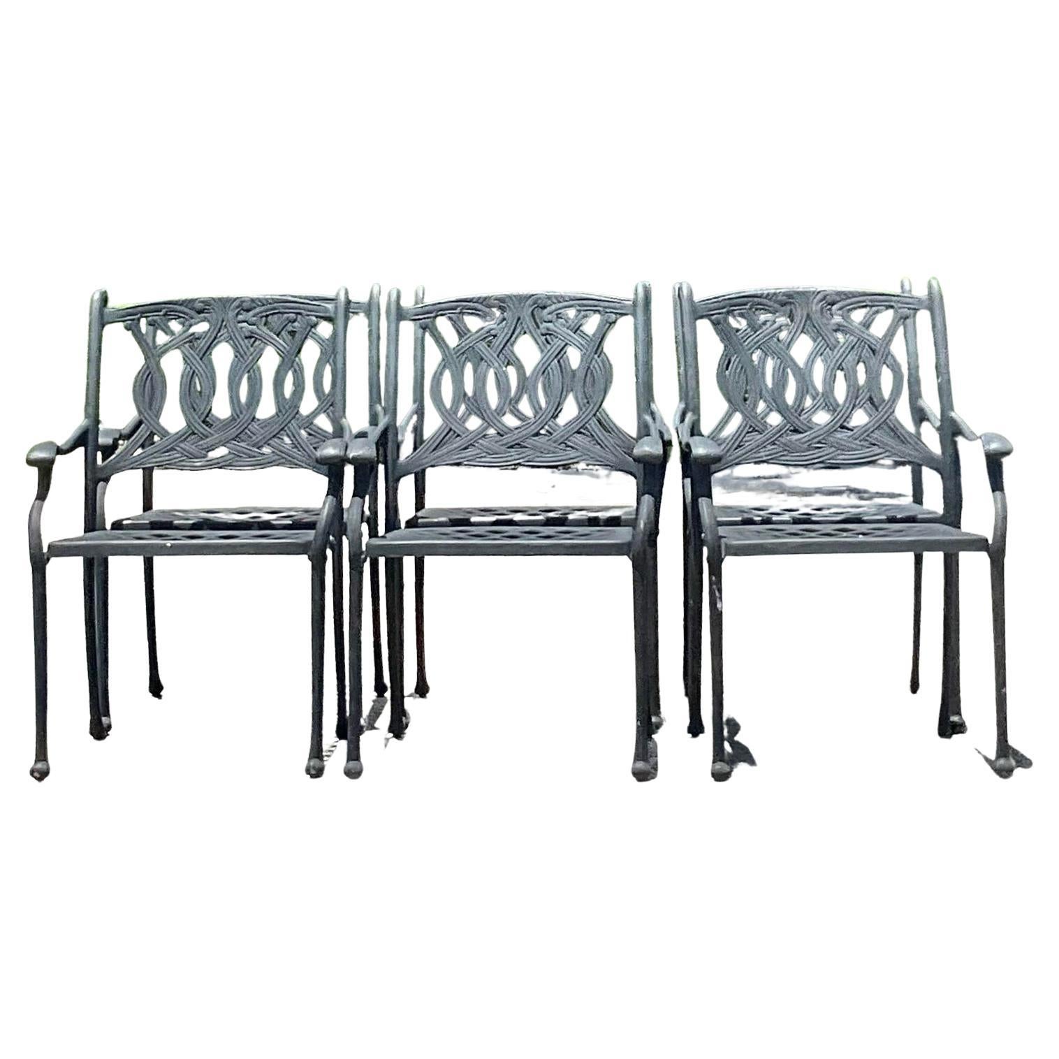Vintage Coastal Scroll Cast Aluminum Dining Chairs - Set of 6 For Sale
