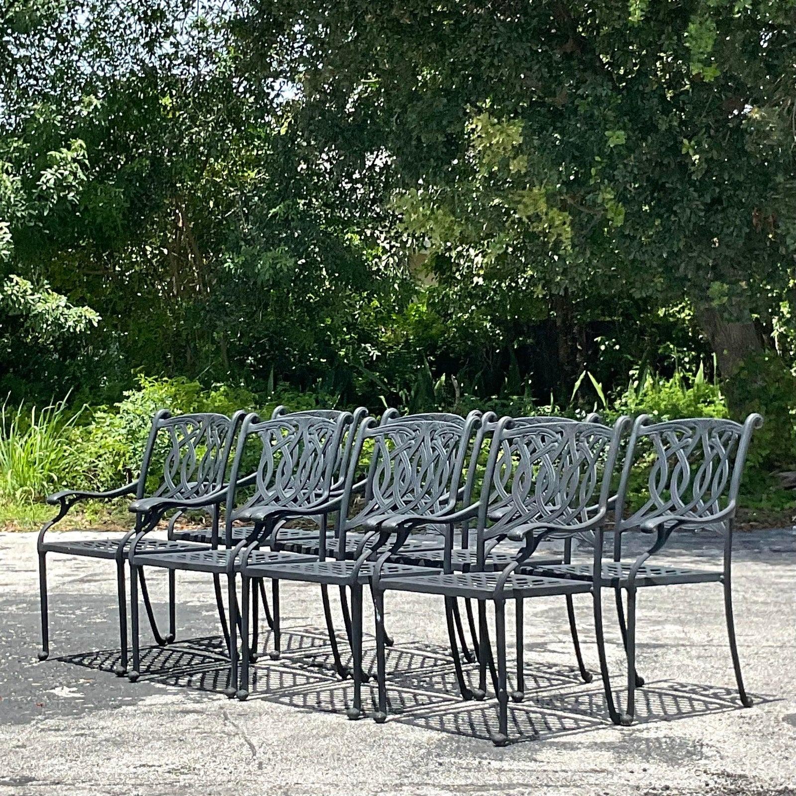 North American Vintage Coastal Scroll Outdoor Cast Aluminum Dining Chairs - Set of 8 For Sale