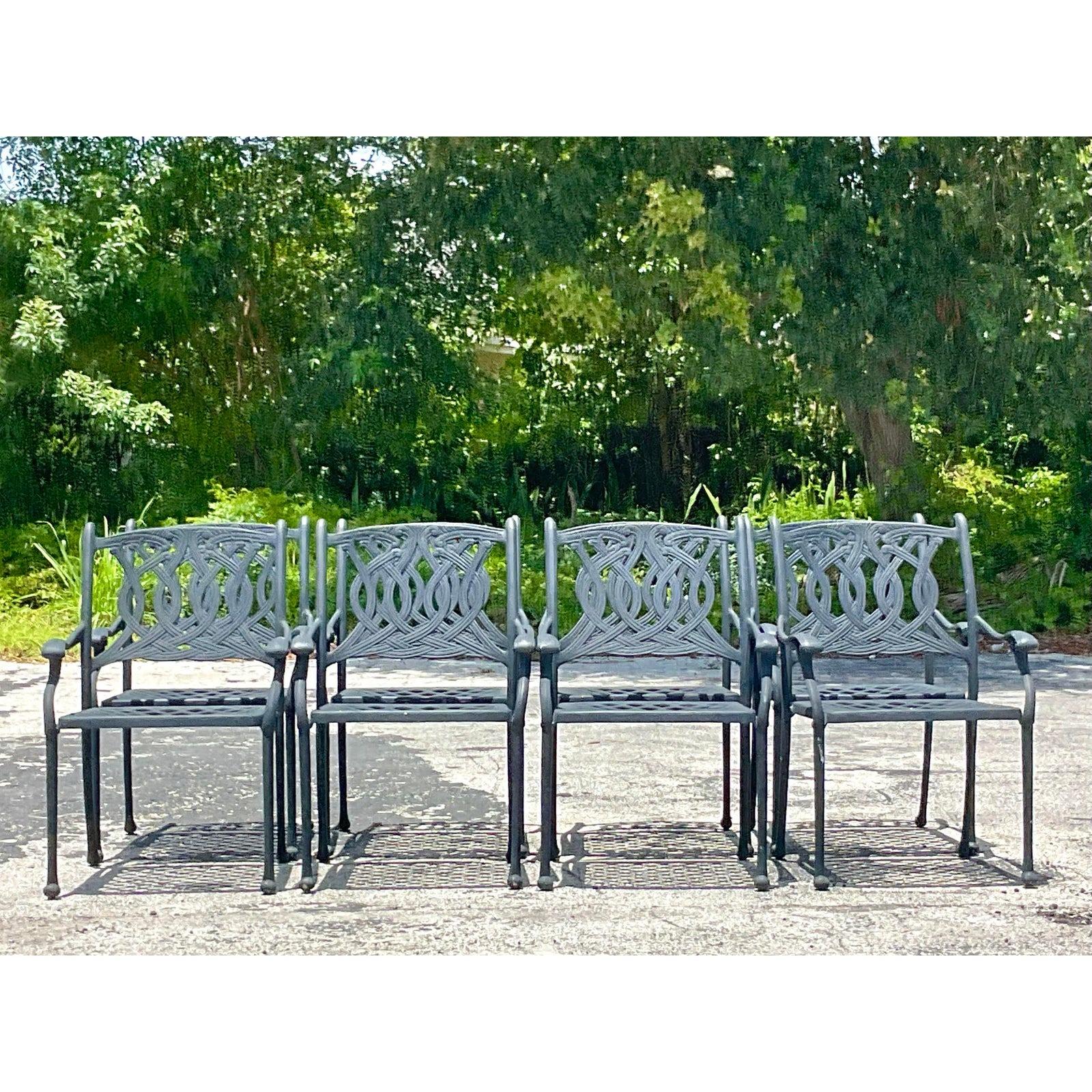 Vintage Coastal Scroll Outdoor Cast Aluminum Dining Chairs - Set of 8 In Good Condition For Sale In west palm beach, FL