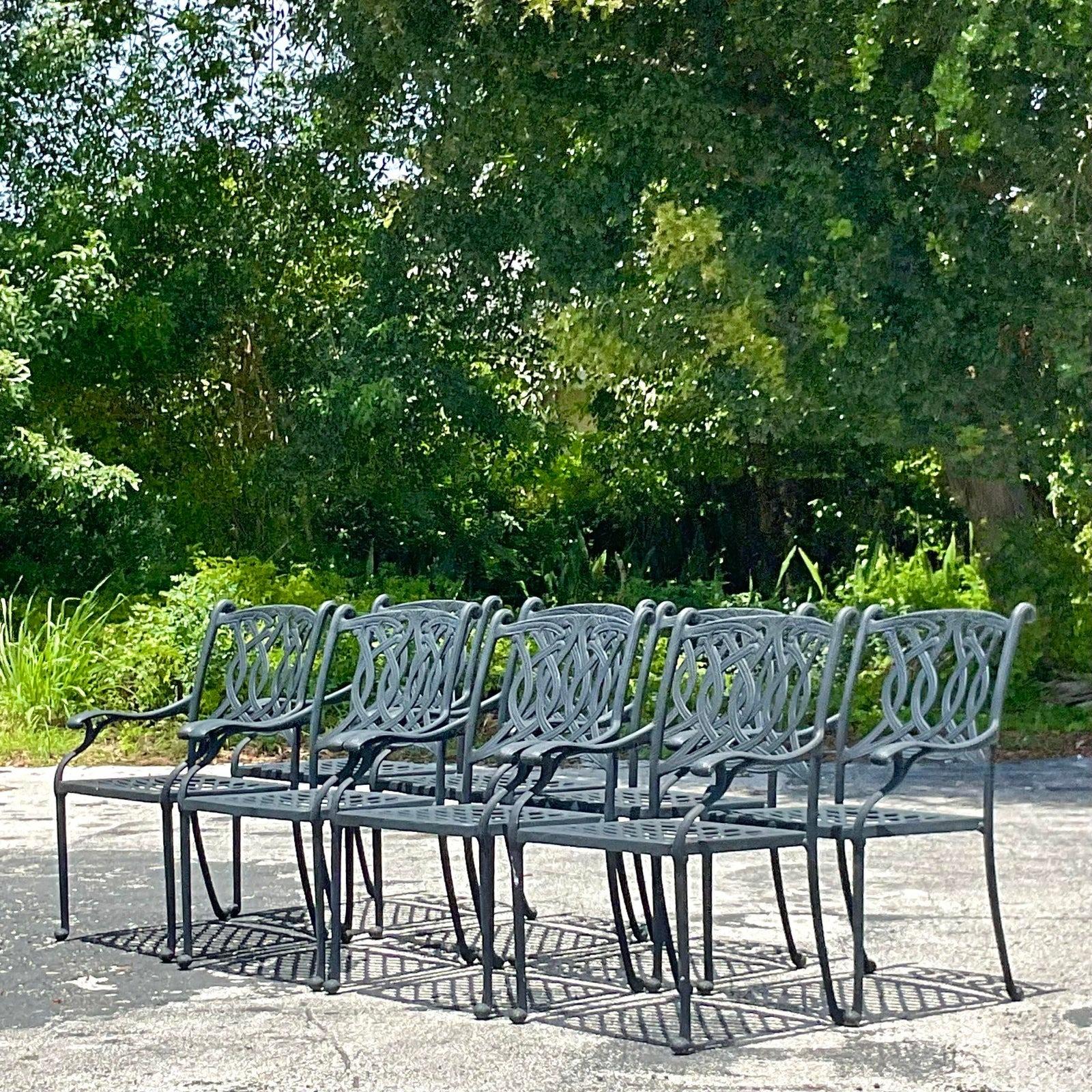 Vintage Coastal Scroll Outdoor Cast Aluminum Dining Chairs - Set of 8 For Sale 1
