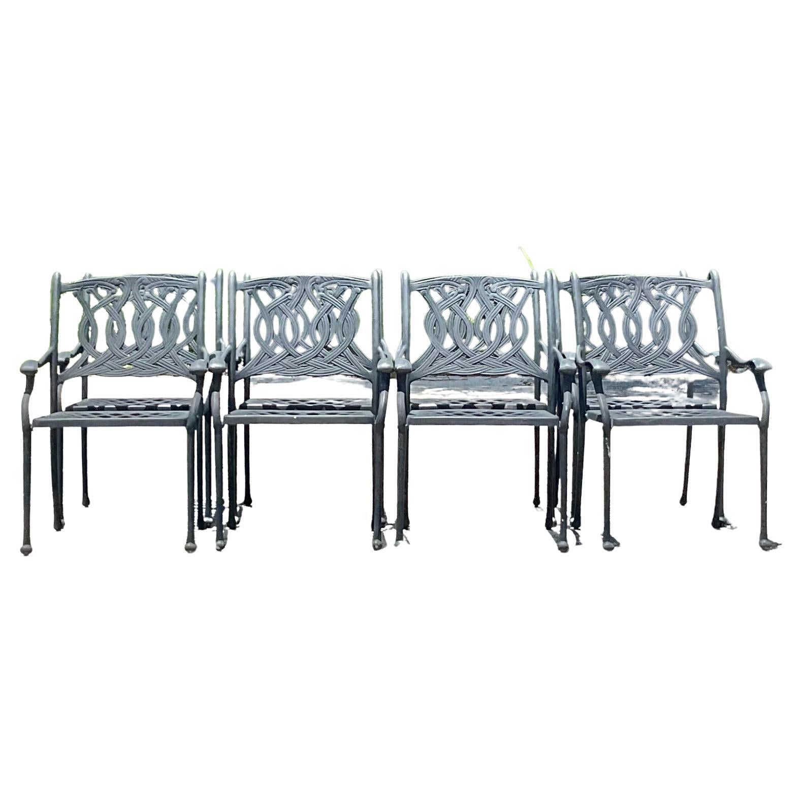 Vintage Coastal Scroll Outdoor Cast Aluminum Dining Chairs - Set of 8 For Sale