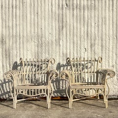 Vintage Coastal Scroll Rattan Chairs - a Pair