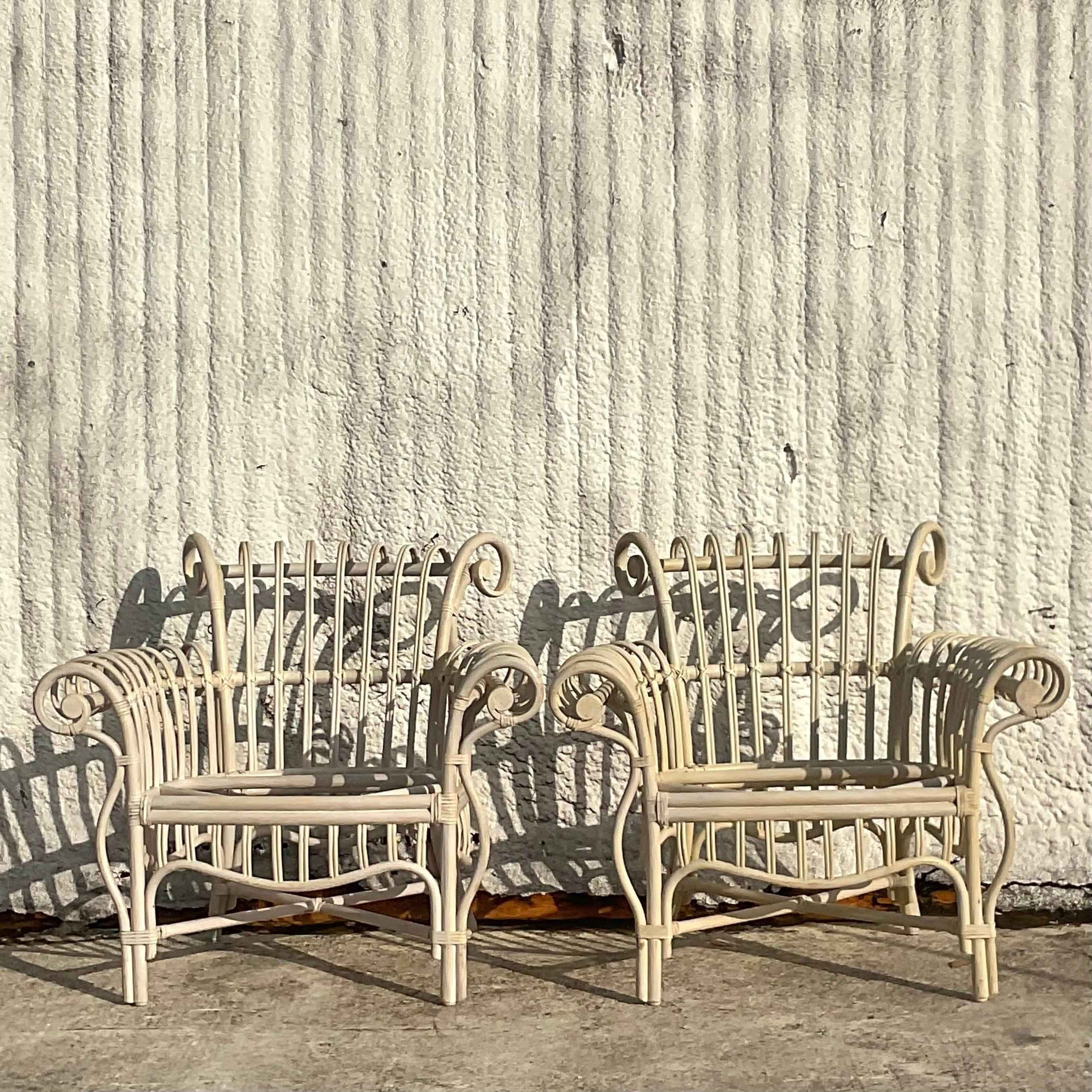 Vintage Coastal Scroll Rattan Chairs - a Pair In Good Condition In West Palm Beach, FL