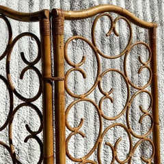 Vintage Coastal Scroll Rattan Folding Screen