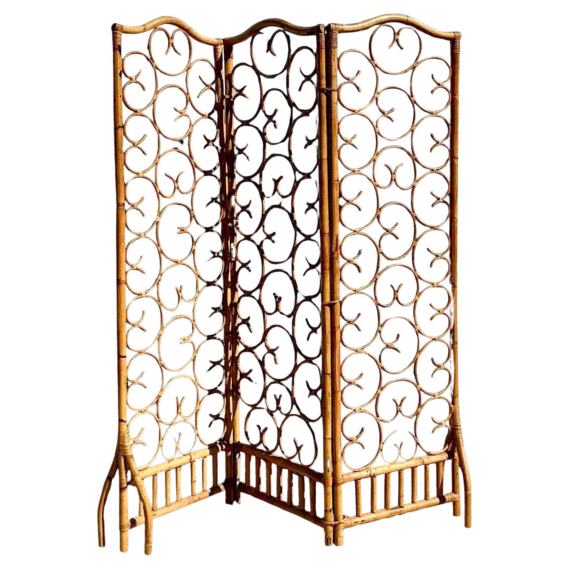 Vintage Coastal Scroll Rattan Folding Screen