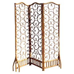 Vintage Coastal Scroll Rattan Folding Screen