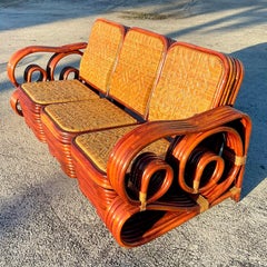 Vintage Coastal Scroll Rattan with Woven Rattan Seats 3 Piece Sofa