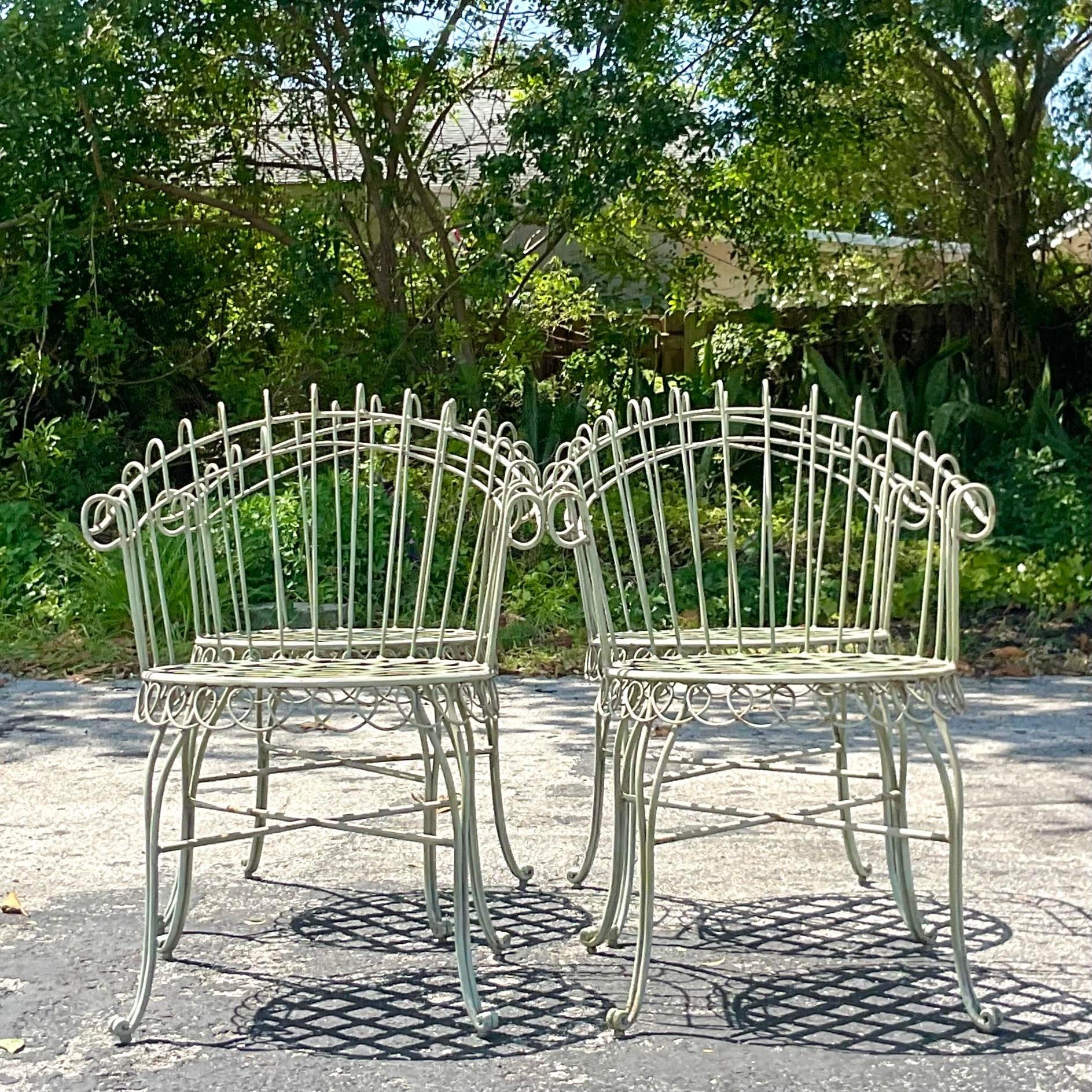 Vintage Coastal Scroll Wrought Iron Dining Chairs - Set of 4 In Good Condition For Sale In west palm beach, FL