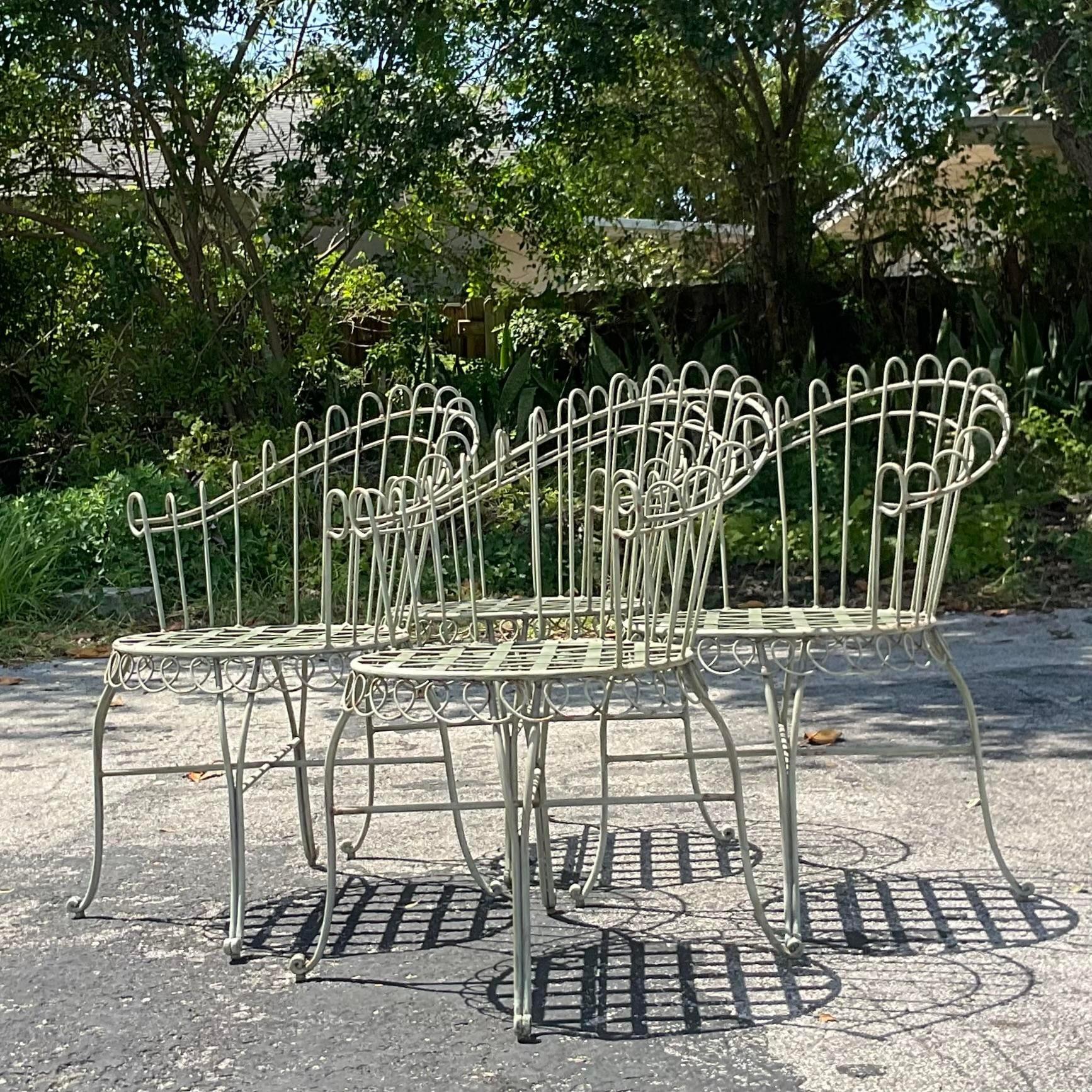 20th Century Vintage Coastal Scroll Wrought Iron Dining Chairs - Set of 4 For Sale