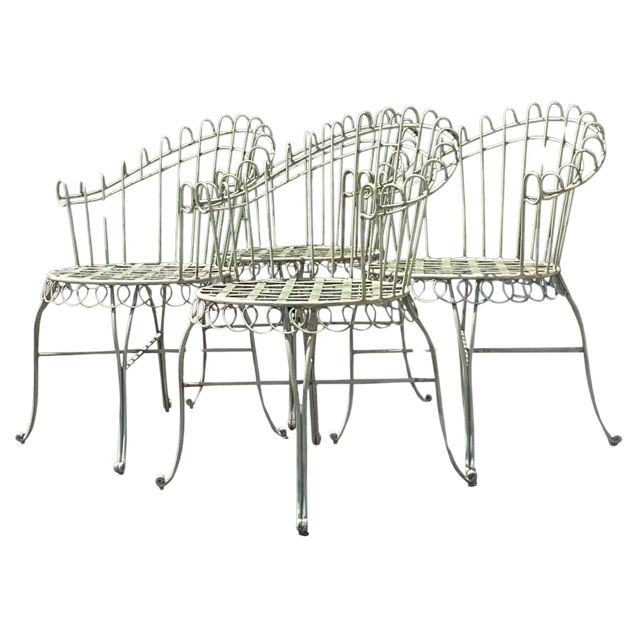 Vintage Coastal Scroll Wrought Iron Dining Chairs - Set of 4 For Sale