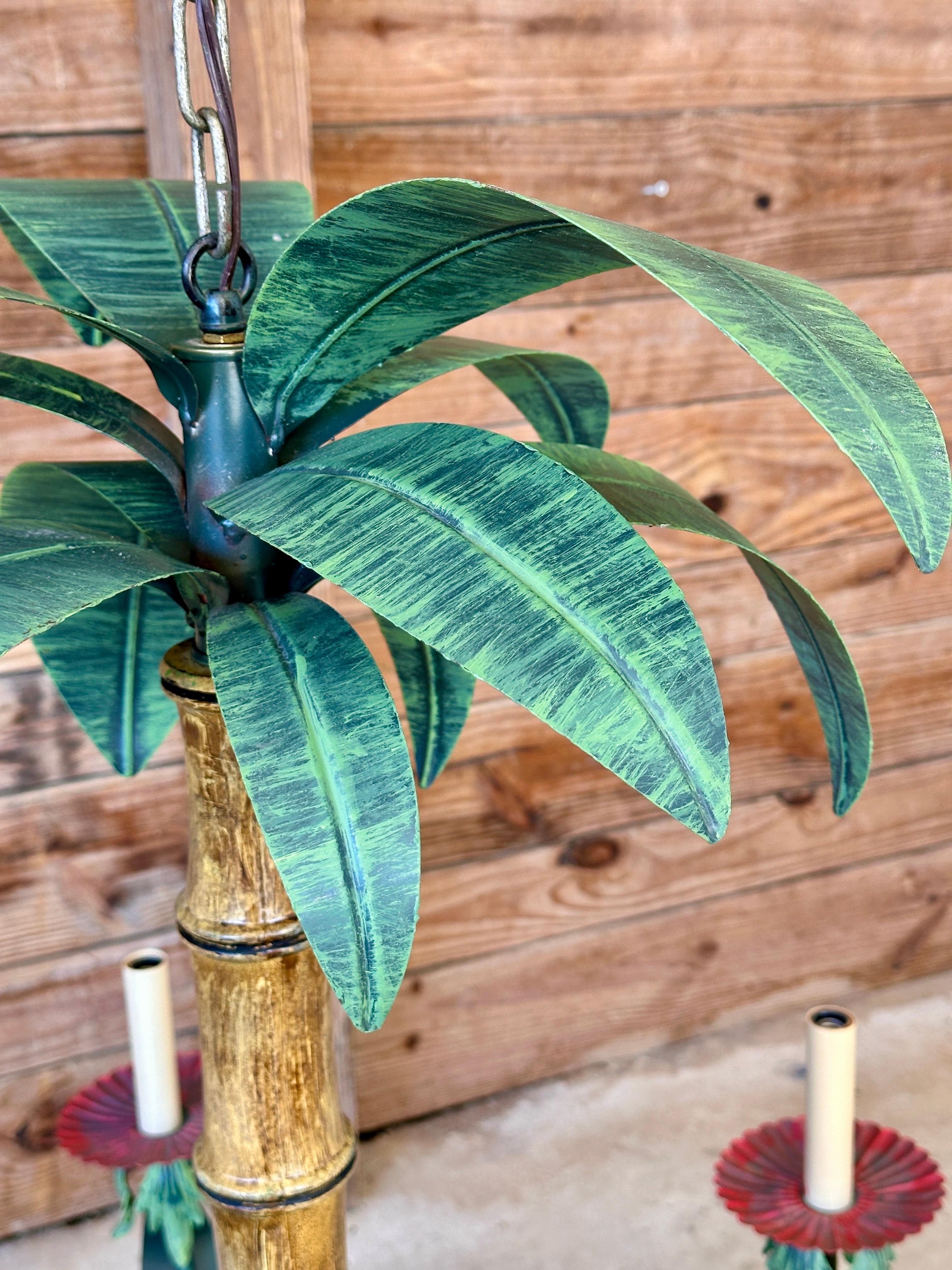 Vintage Coastal Sculptural Metal Tole Palm Leaf Chandelier For Sale 5