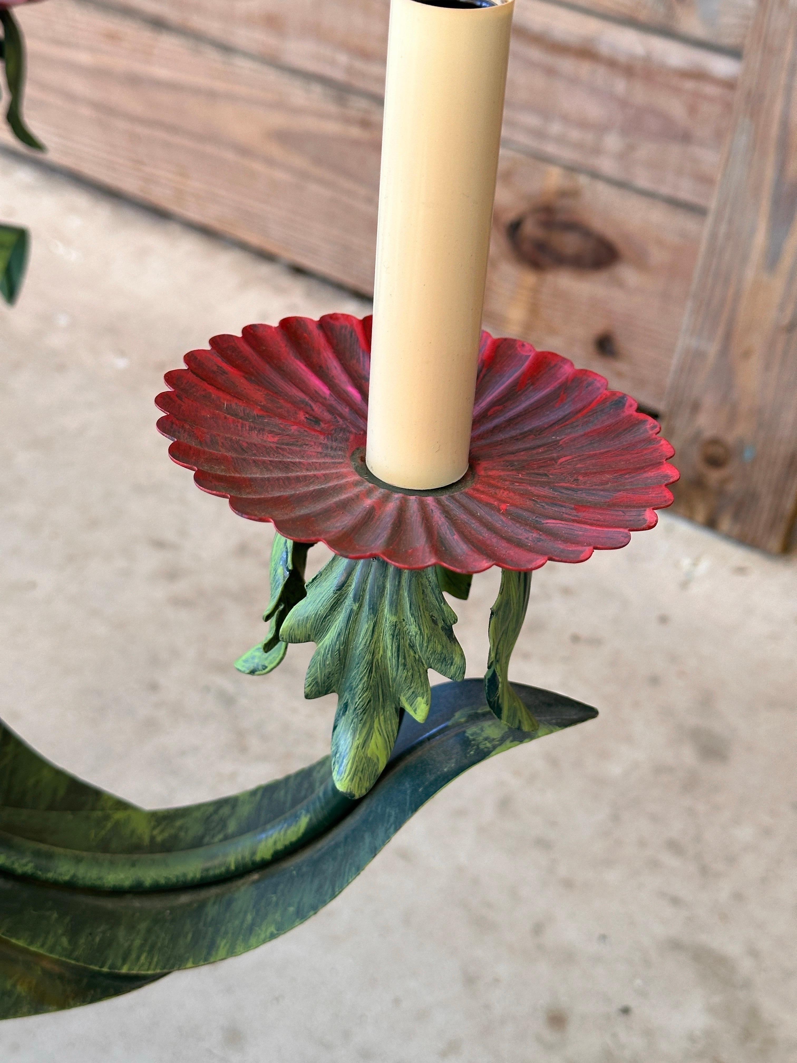 Bring a touch of tropical elegance to your space with this Vintage Metal Tole Palm Tree Chandelier.
Featuring a beautifully hand-painted design, this chandelier captures the lush greenery of palm fronds paired with a bamboo-style central column for