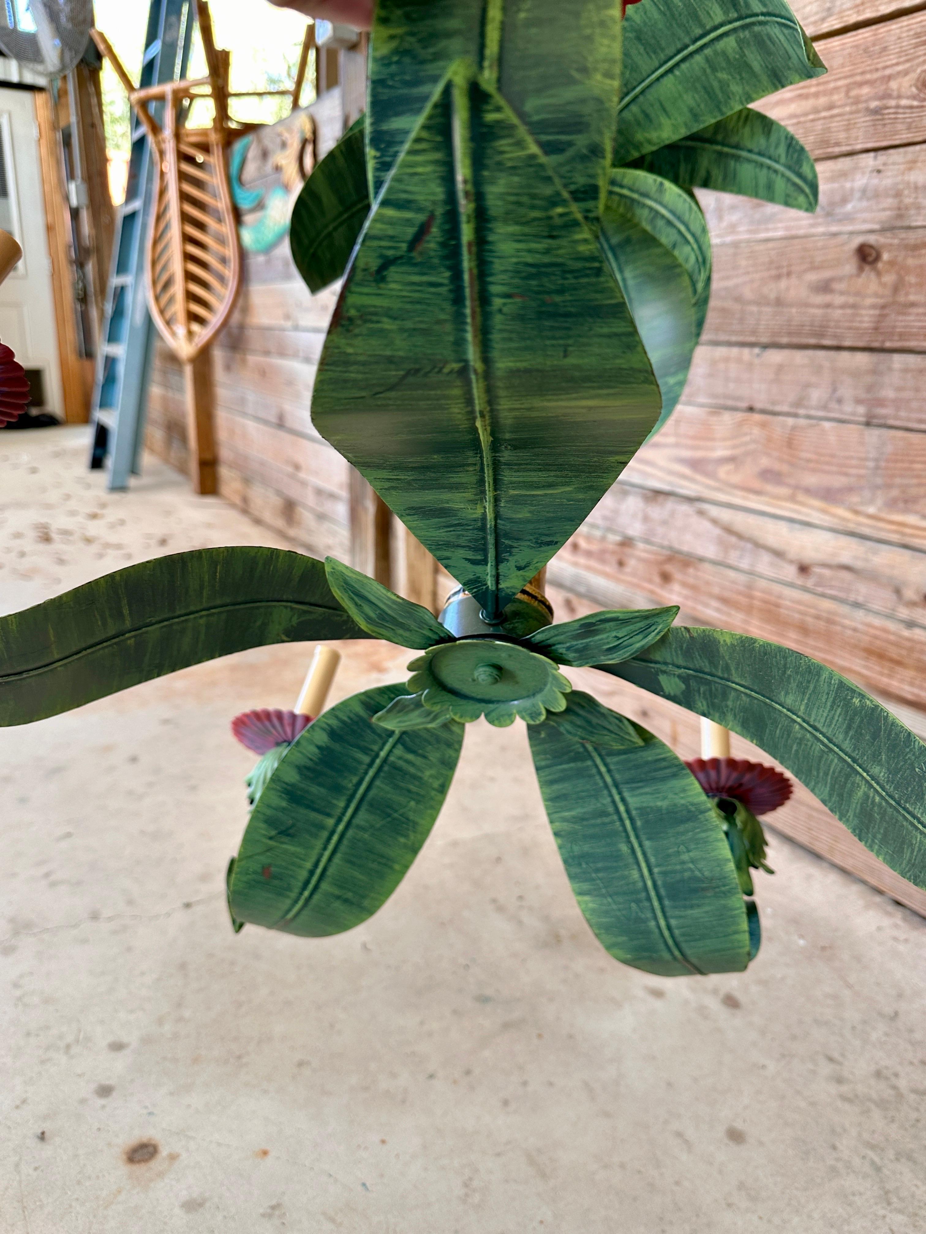 Hand-Crafted Vintage Coastal Sculptural Metal Tole Palm Leaf Chandelier For Sale