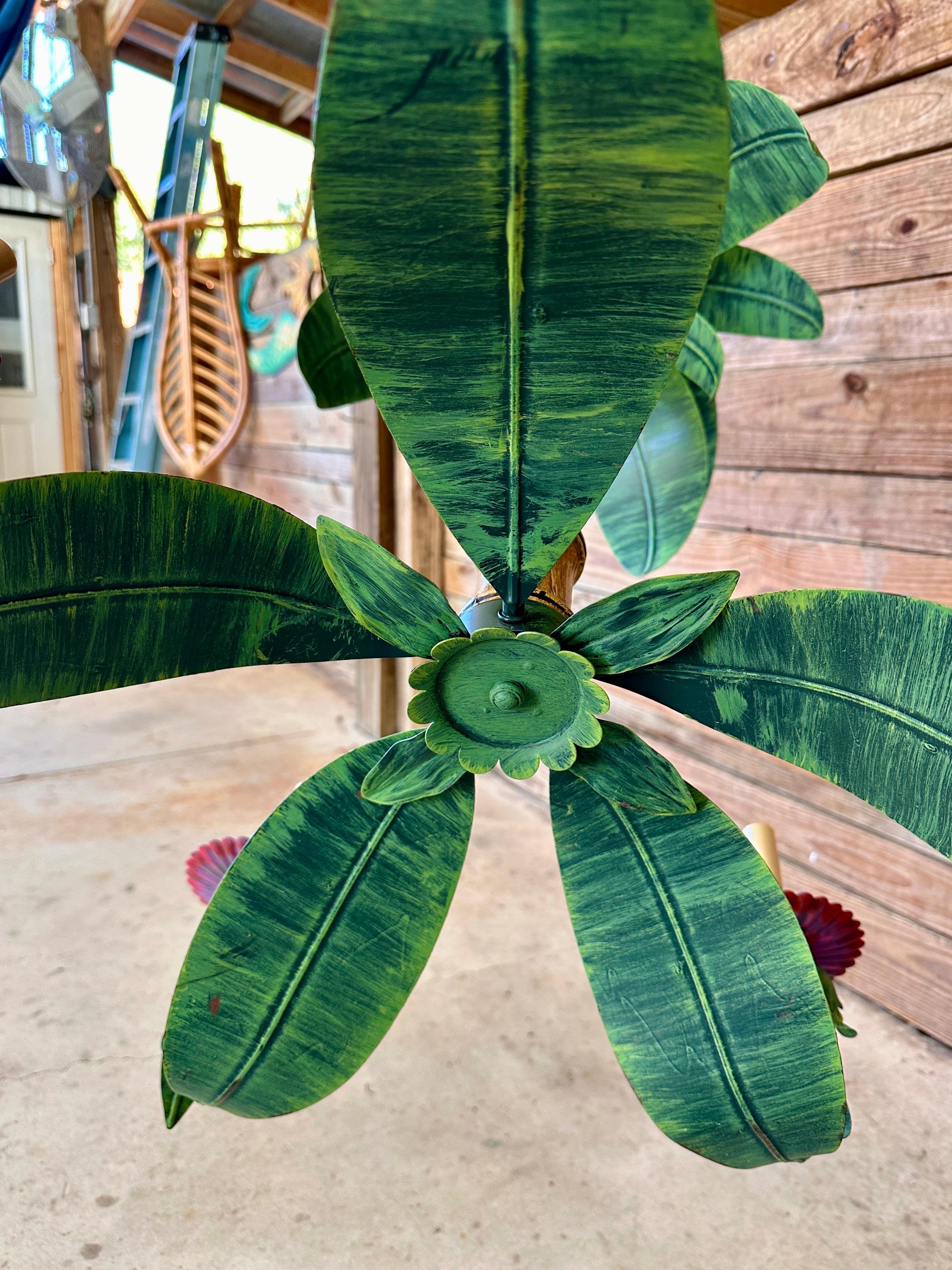 Vintage Coastal Sculptural Metal Tole Palm Leaf Chandelier For Sale 1