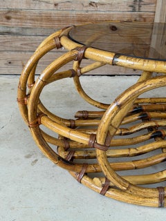 Vintage Coastal Sculptural Rattan Coffee Table With Original Smoked Glass Top