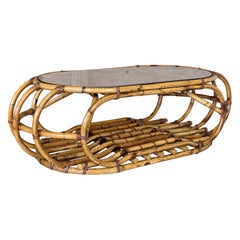Vintage Coastal Sculptural Rattan Coffee Table With Original Smoked Glass Top